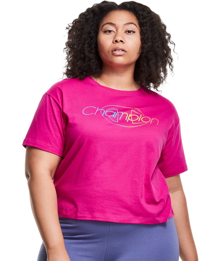 Champion Plus Lightweight Cropped Rainbow Logo Kadın Tişört Pembe ( OYWMHQ130 )